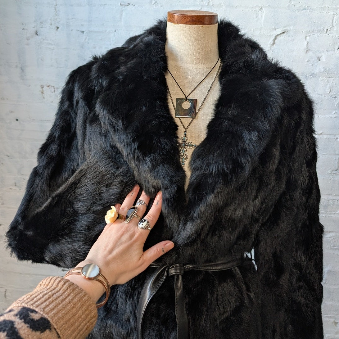 Vintage Jet Black Fur Coat Leather Belted Minimalist Rabbit Furry Fuzzy Jacket