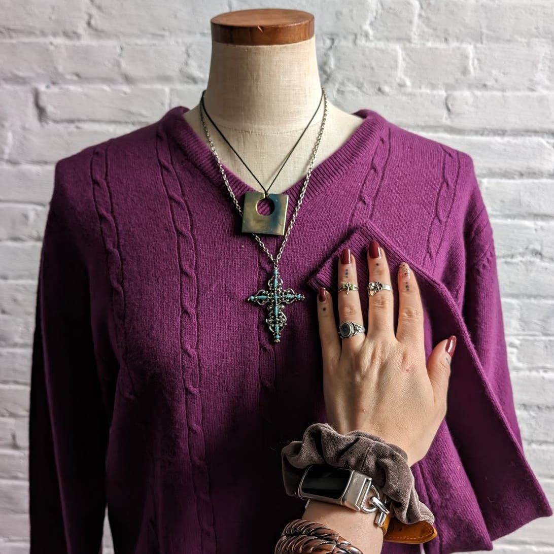 Vintage Wool Cable Knit Purple Grandpa Sweater Minimalist Grunge Woodsy Top