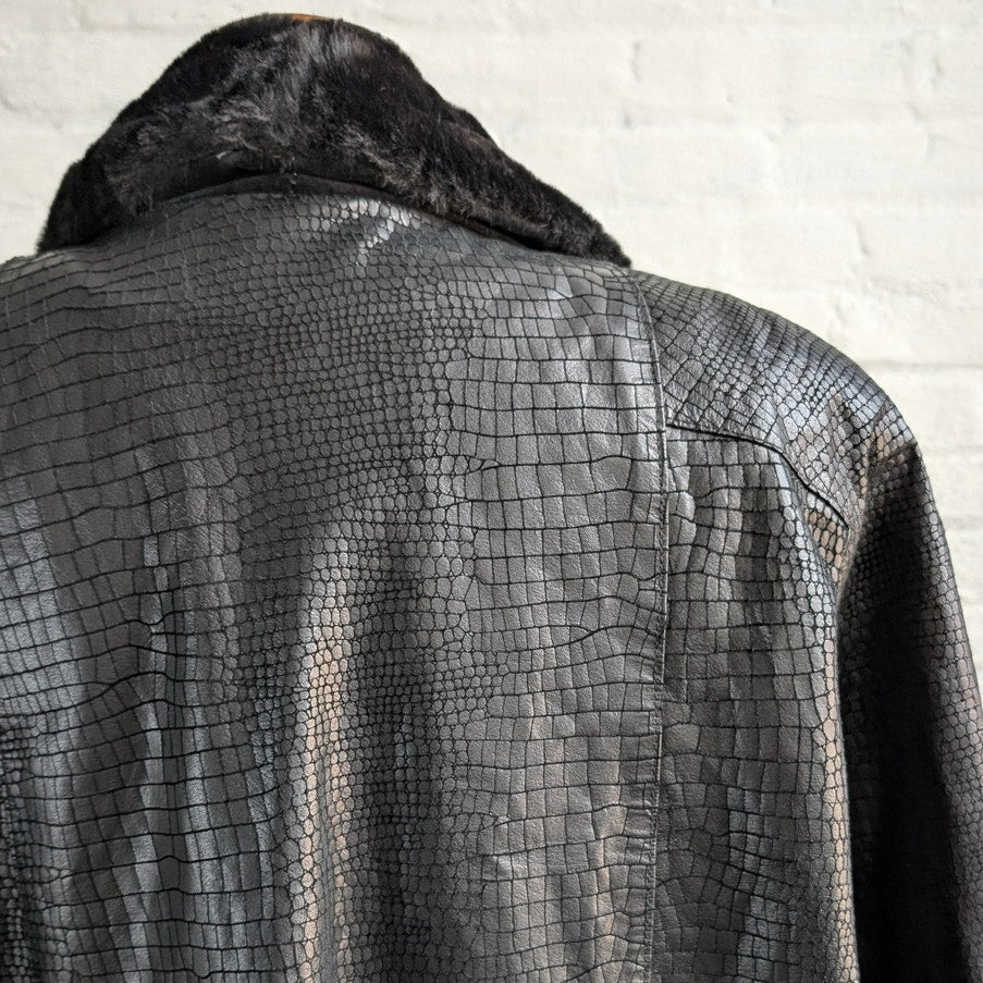 Vintage Black Leather Faux Fur Trench Coat Penny Lane Grunge Snakeskin Jacket