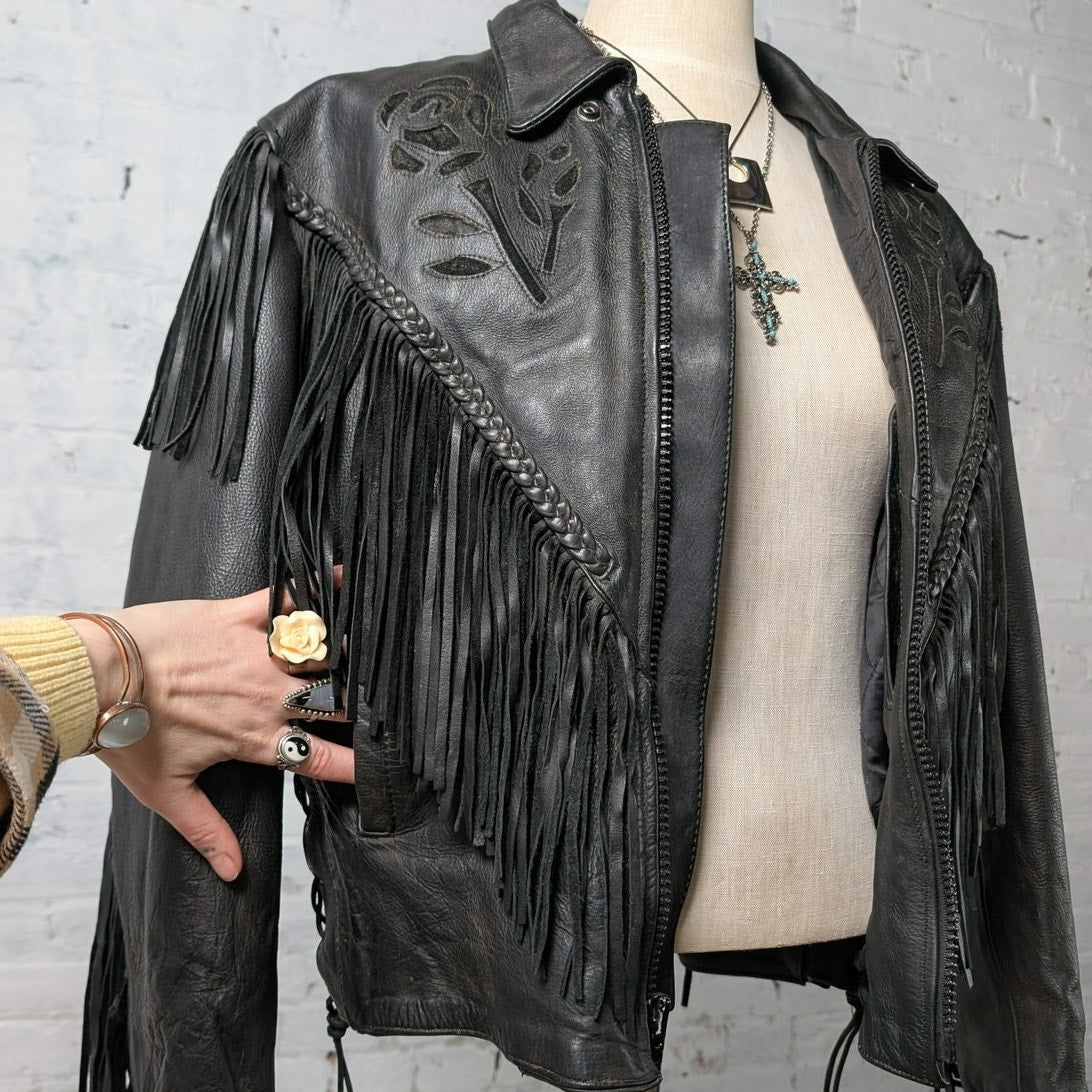 Vintage Black Leather Biker Fringe Jacket Moto Western Velvet Goth Coat Large