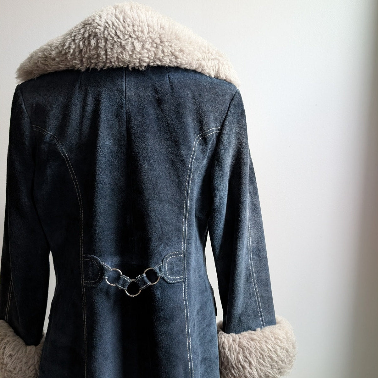 70s Vintage Blue Suede Penny Lane Fur Coat Leather Jacket Trench Boho Medium