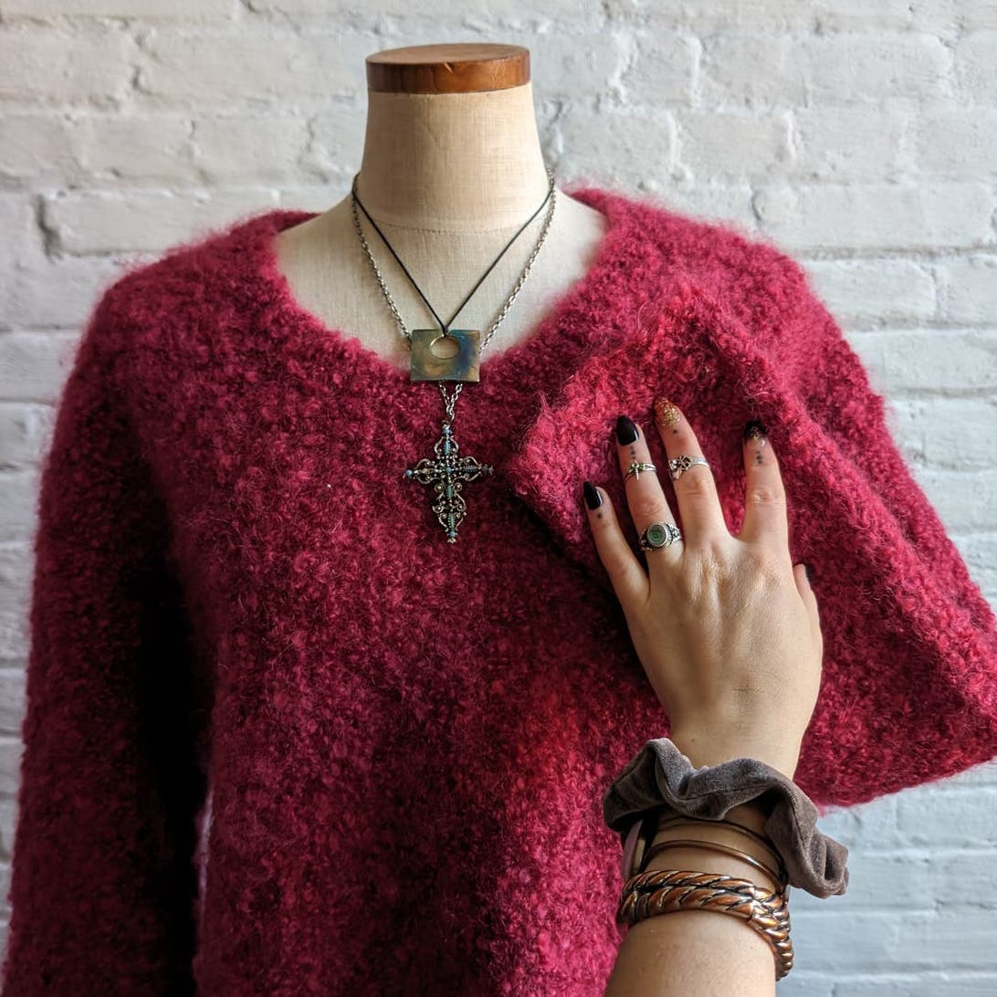 Vintage Hot Pink Mohair Wool Fuzzy Grandpa Sweater Shaggy Grunge Oversize Top