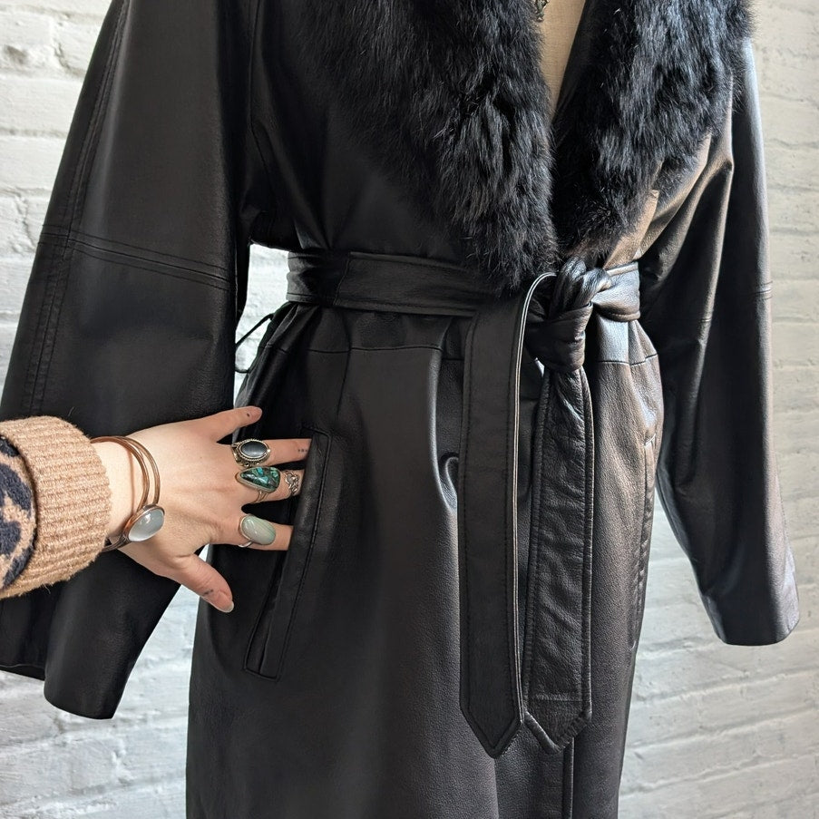 Vintage Black Leather Penny Lane Coat Fur Trench Minimalist Goth Furry Jacket