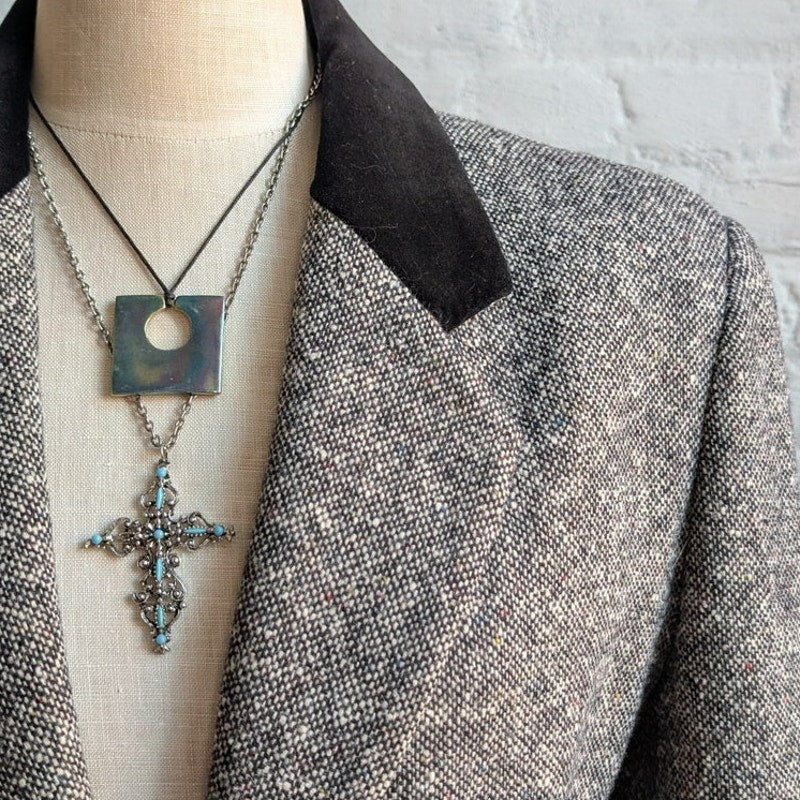 Vintage Gray Wool Blazer Tweed Herringbone Preppy Minimalist Velvet Jacket Large