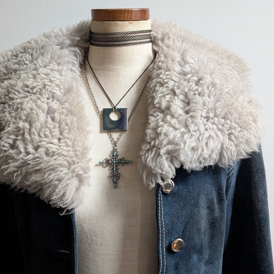 70s Vintage Blue Suede Penny Lane Fur Coat Leather Jacket Trench Boho Medium