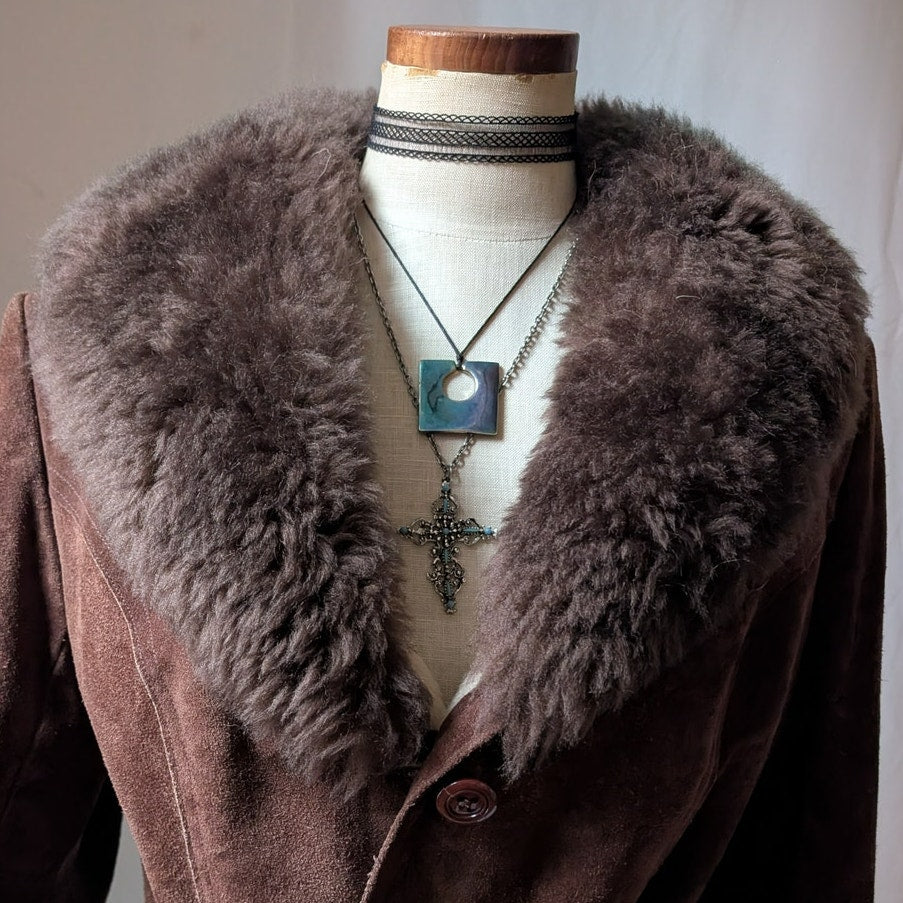 Vintage Brown Suede Penny Lane Coat XL Fur 70s Leather Jacket Boho Afghan Coat