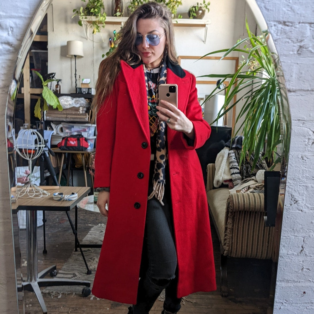 Vintage Red Wool Trench Coat Statement Velvet Collar Dark Romance Pleated Jacket