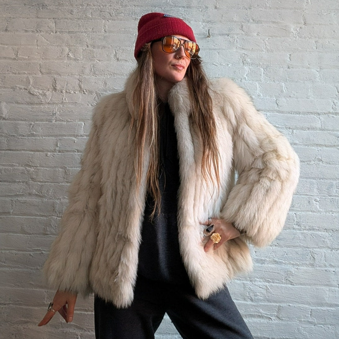 Vintage White Fluffy Fox Fur Coat Furry Ski Bunny Mobwife Designer Luxury Jacket