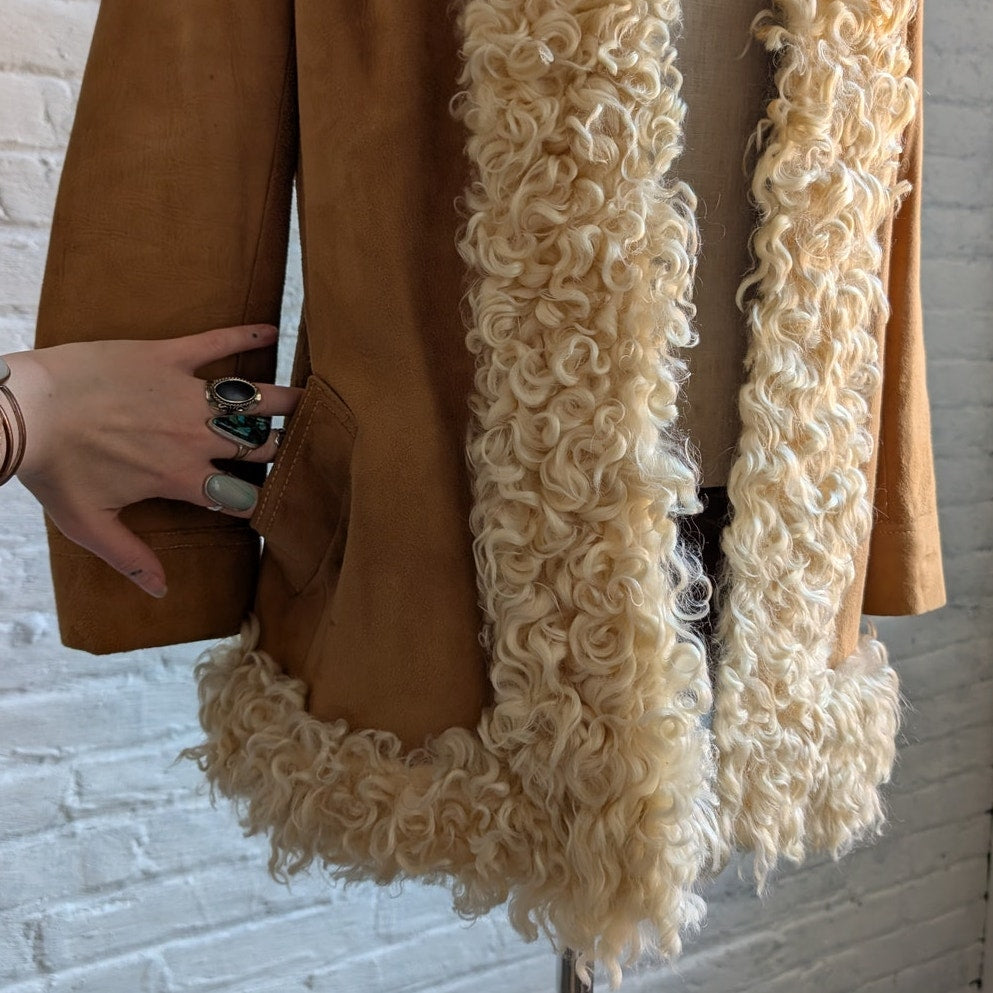 70s Vintage Neutral Tan Suede Penny Lane Jacket Genuine Leather Boho Fur Coat