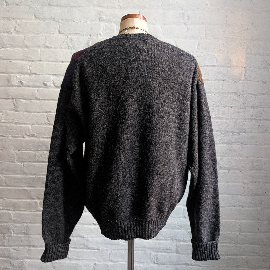 Vintage Grey Wool Knit Argyle Grandpa Sweater Grunge Cottage Dark Academia Top