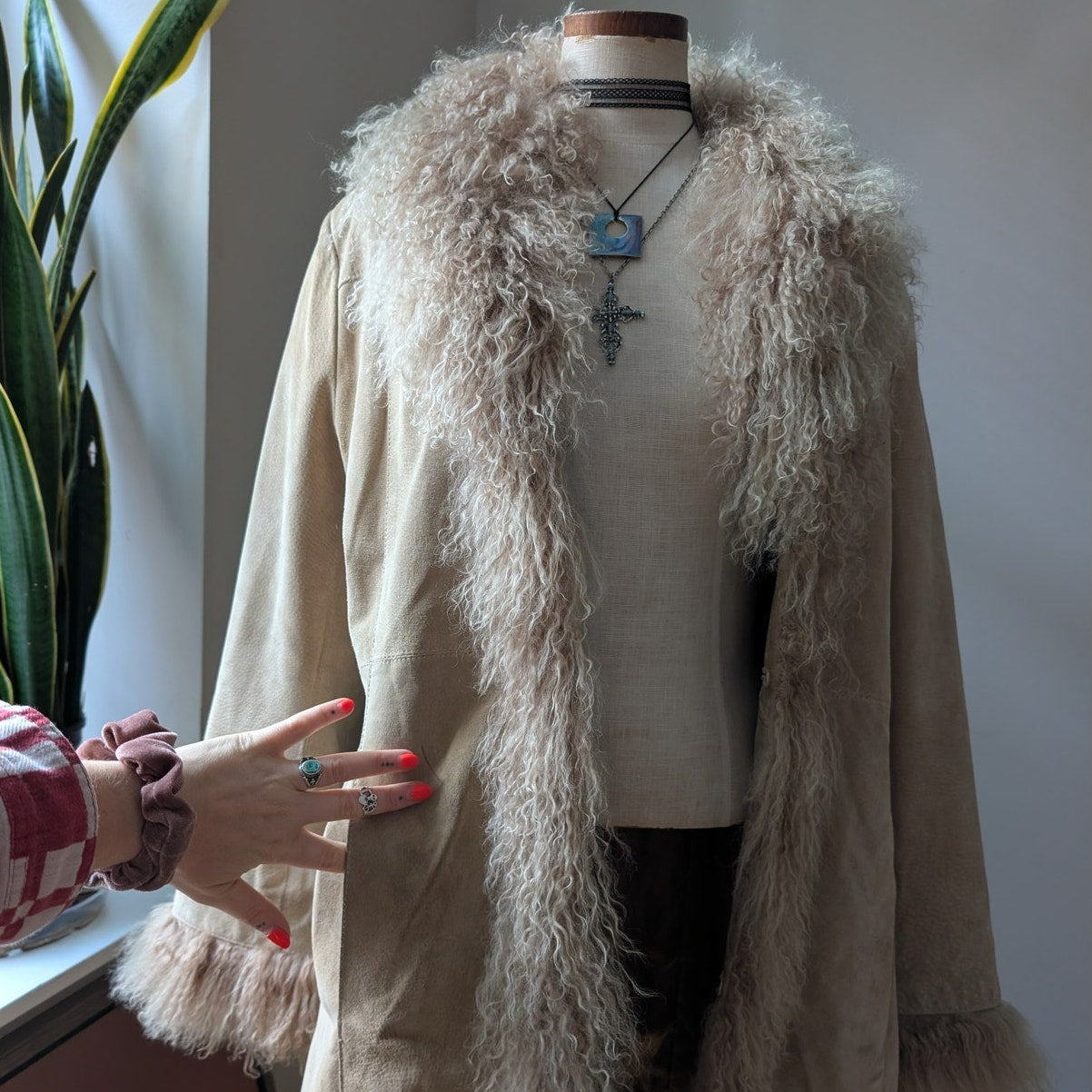 Vintage Tan Suede Penny Lane Jacket Fur Coat Groovy Leather Trench Coat Large