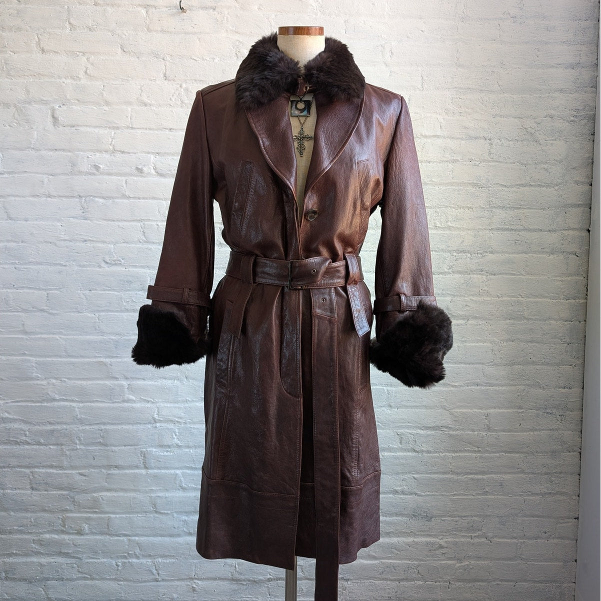 Vintage Burgundy Leather Penny Lane Trench Coat Genuine Fur Grunge Boho Jacket