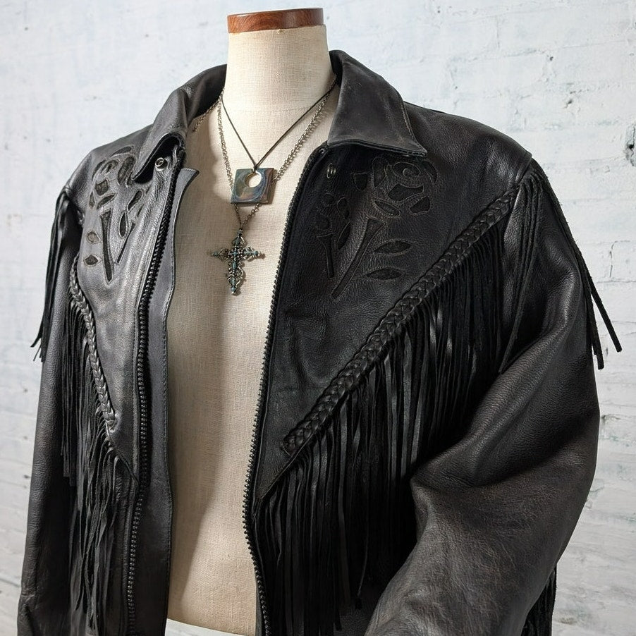 Vintage Black Leather Biker Fringe Jacket Moto Western Velvet Goth Coat Large