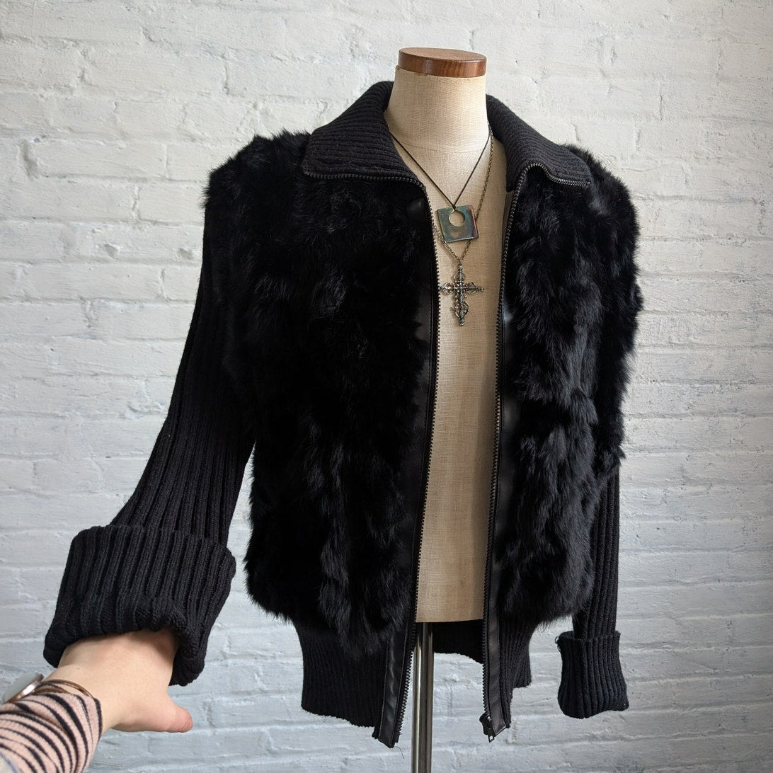 Vintage Black Genuine Rabbit Fur Sweater Stretchy Jacket Knit Faux Leather Top