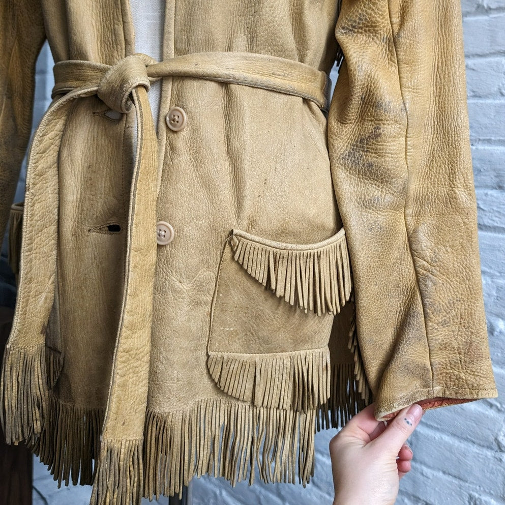 Vintage Tan Leather Fringe Jacket Western Minimalist Witchy Boho Cowgirl Blazer