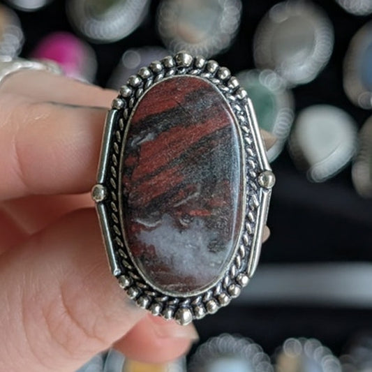 Goth Black Red Sterling Silver Ring Retro Vintage Boho Natural Stone Size 8.75