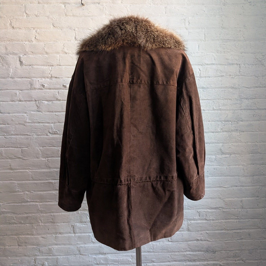 Vintage Brown Genuine Suede Fur Trim Coat Leather Minimalist Mini Trench Jacket