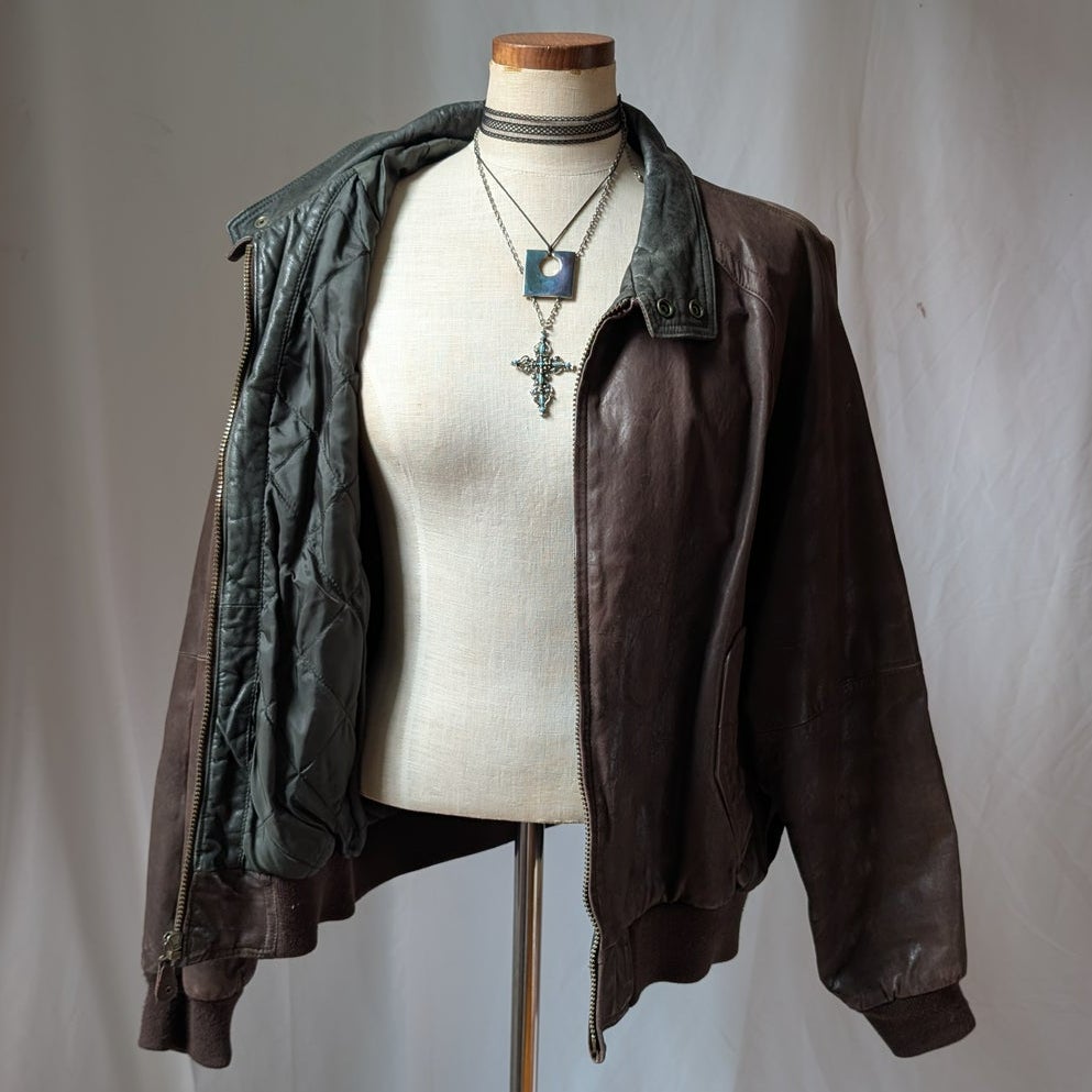 Vintage 90s Brown Leather Bomber Jacket L Slouchy Oversized Quilted Leather Coat
