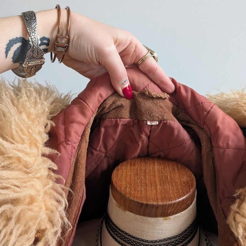 Vintage Brown Suede Coat Penny Lane Jacket Leather Trench Fur Coat Afghan Small