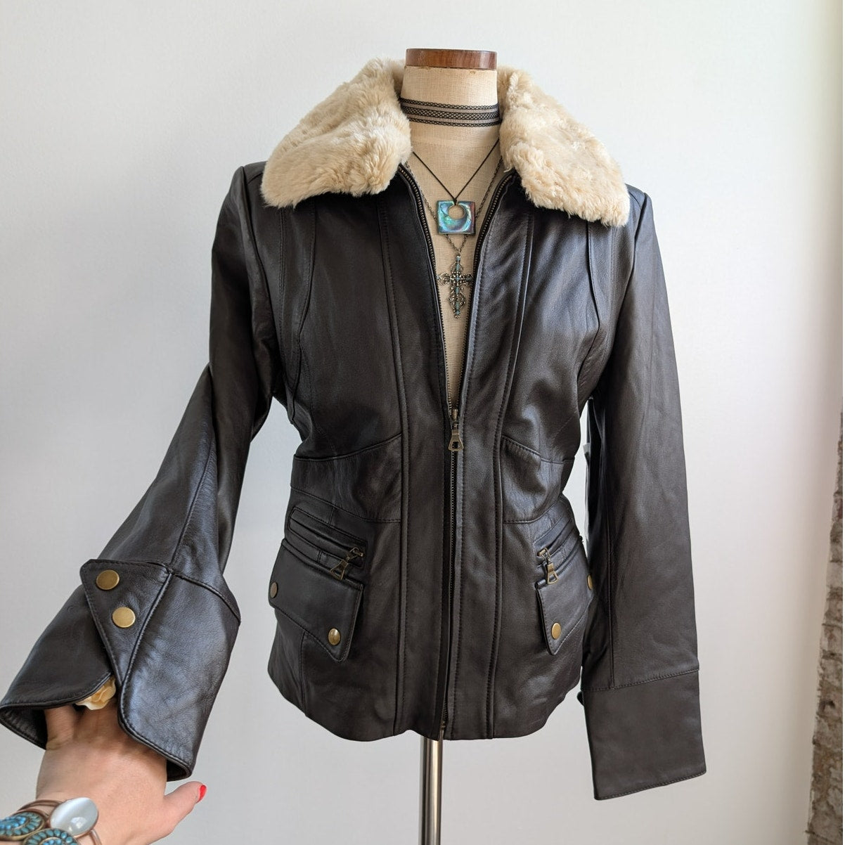 Vintage Brown Leather Jacket Faux Fur Lambskin Moto Chic Biker Bomber Coat Large