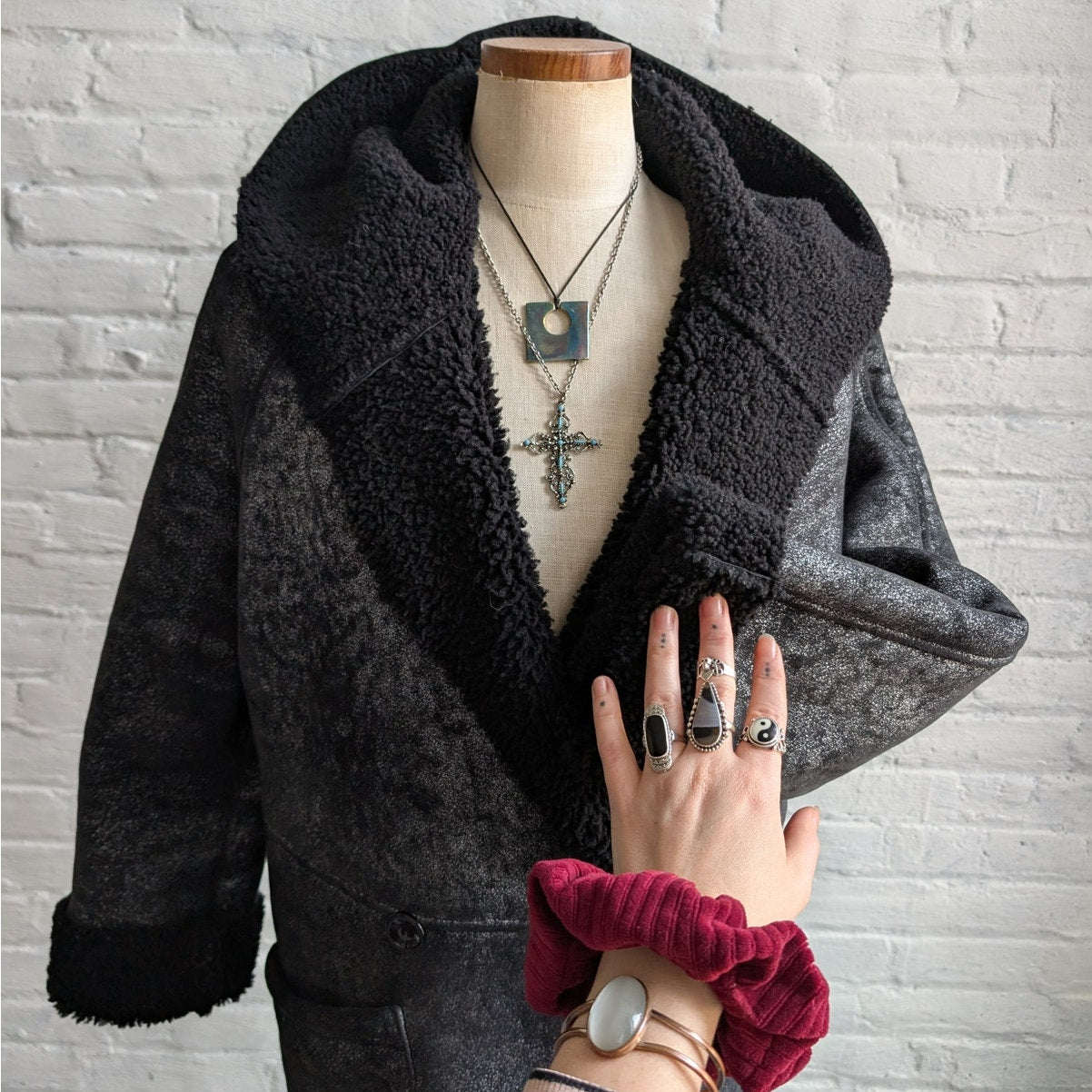 Vintage Black Leather Shearling Coat Afghan Fur Minimalist Chic Luxury Jacket