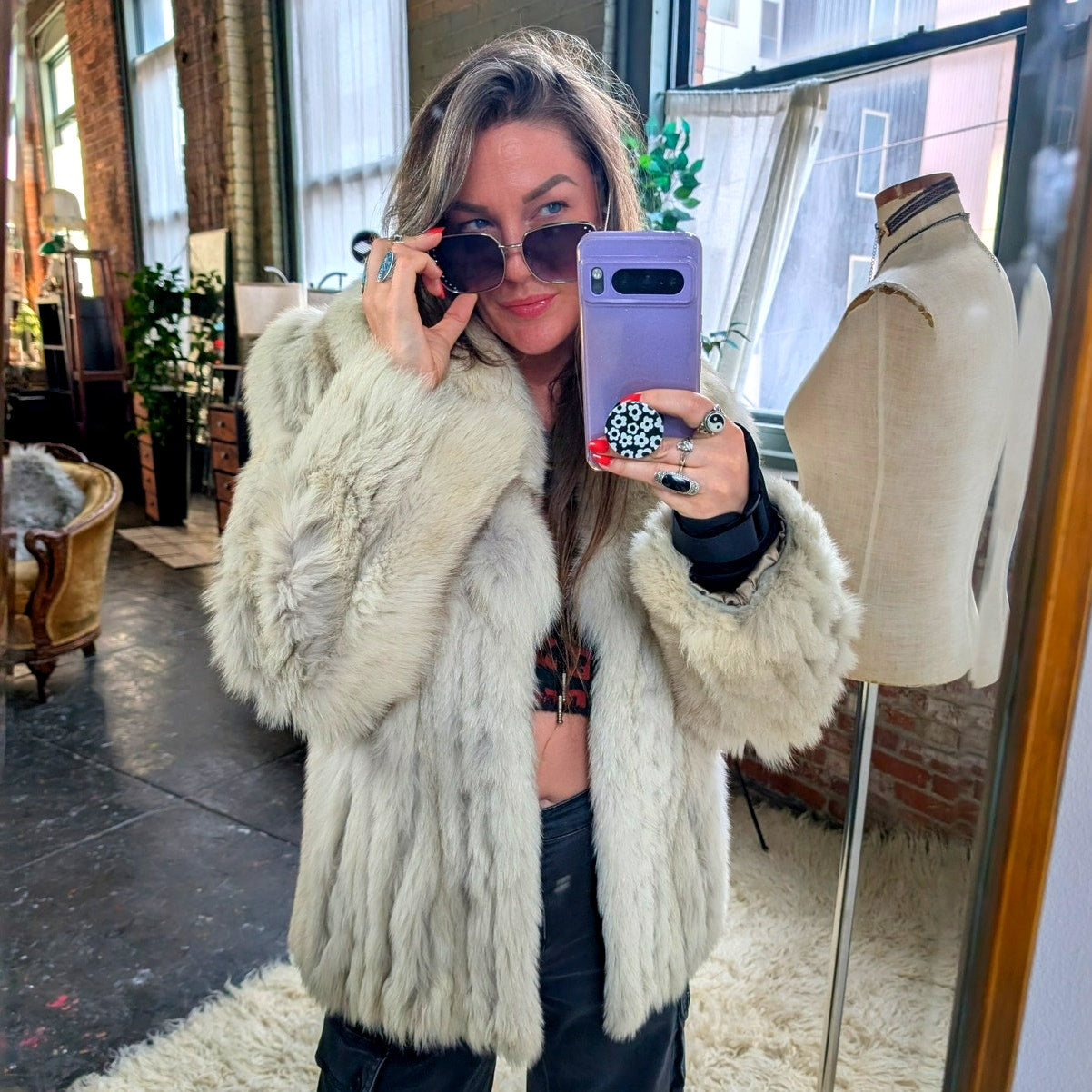 Vintage White Fluffy Fox Fur Coat Furry Glam Mobwife Ski Luxury Jacket Small