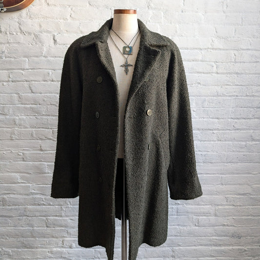 Y2K Vintage Green Wool Trench Coat Knit Earthtone Oversize Boho Jacket Medium