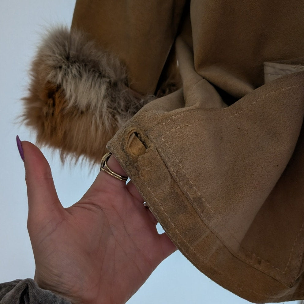 Vintage Tan Brown Afghan Jacket M 70s Shaggy Penny Lane Coat Red Fox Fur Trim