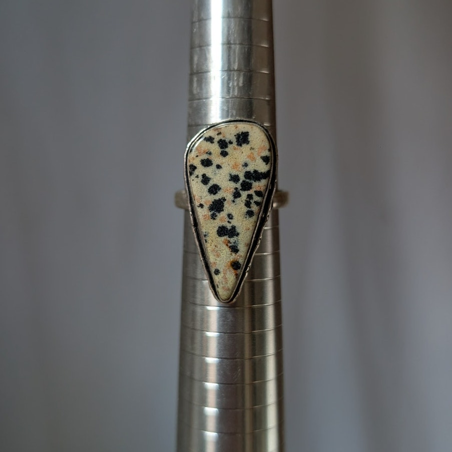 Cream Spotted Boho Statement Ring Sz 9.5 Sterling Silver Vintage Southwest Oval