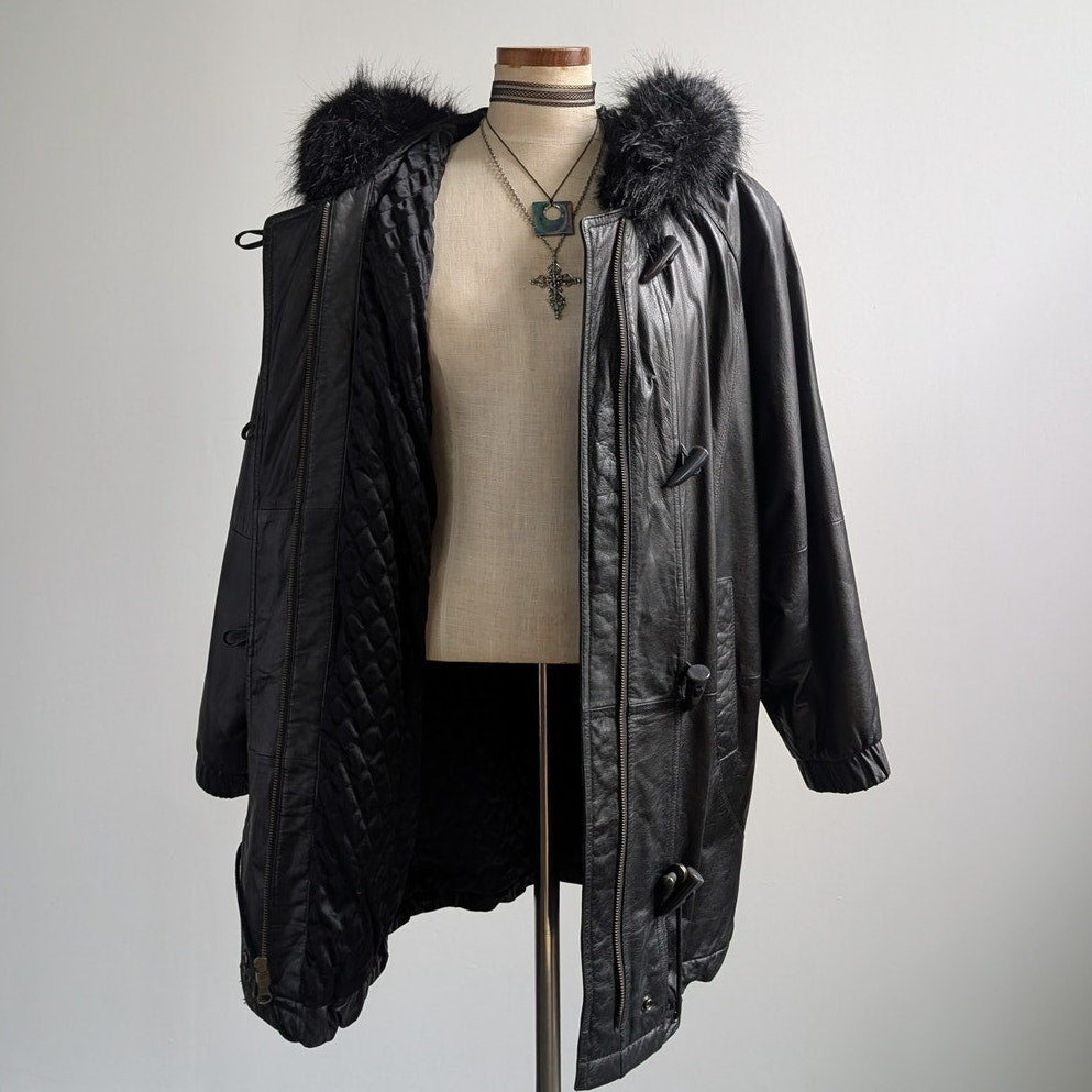 Vintage Black Leather Jacket Penny Lane Fur Hooded Trench Coat Minimalist Medium