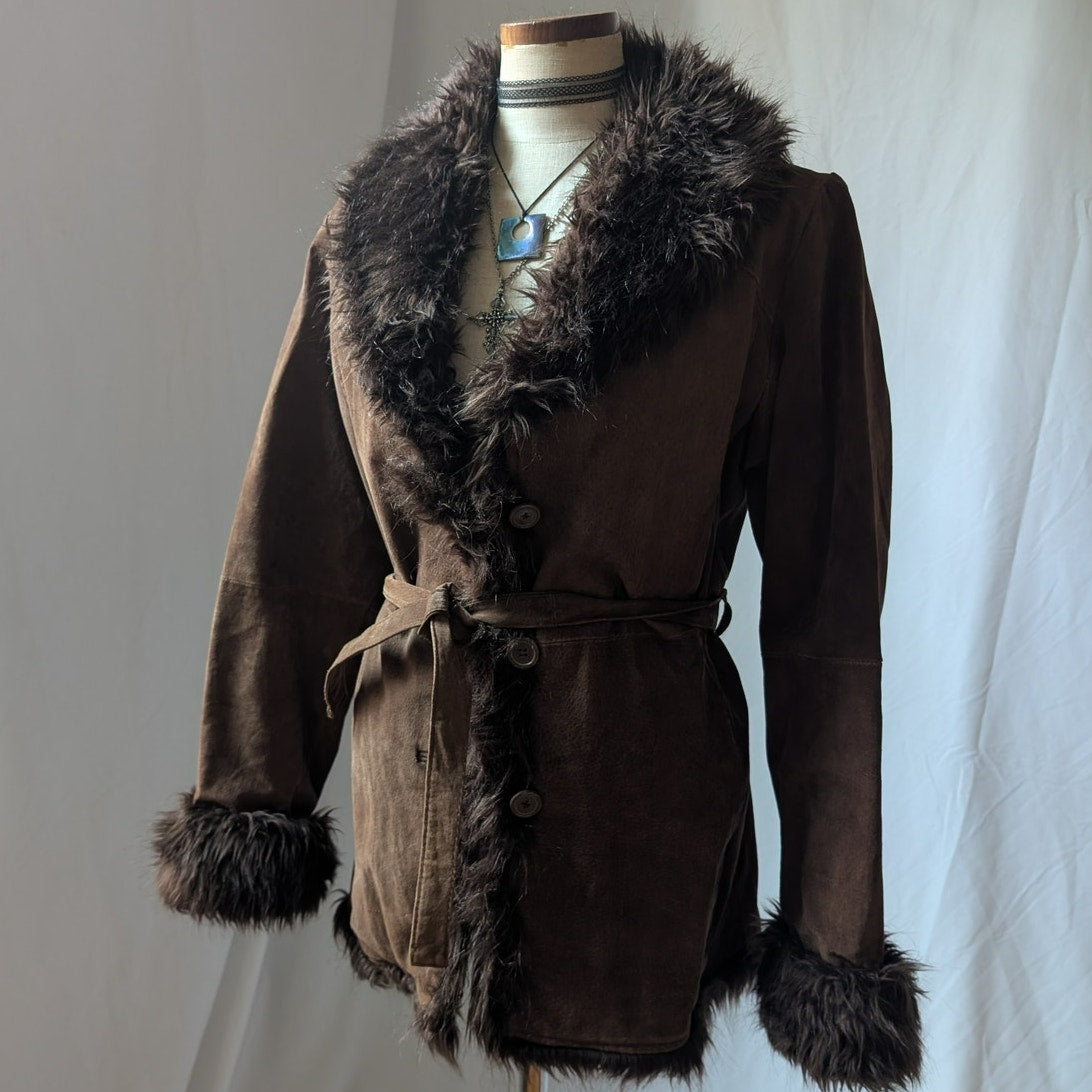 Y2K Vintage Brown Suede Penny Lane Coat M Faux Fur Leather Jacket Boho Afghan