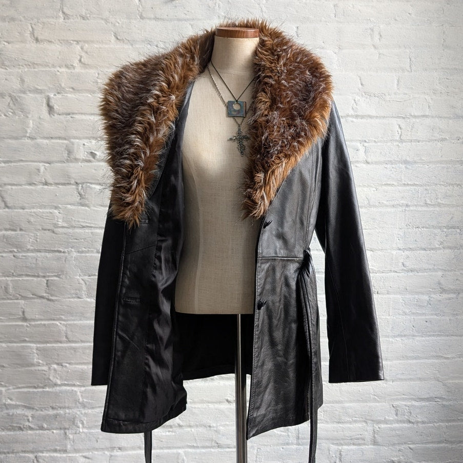 Vintage Black Minimalist Leather Fur Coat Penny Lane Chic Goth Furry Moto Jacket