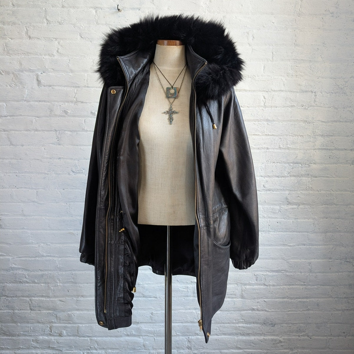 Vintage Black Leather Jacket Fox Fur Coat Sexy Black Leather Trench Coat Medium