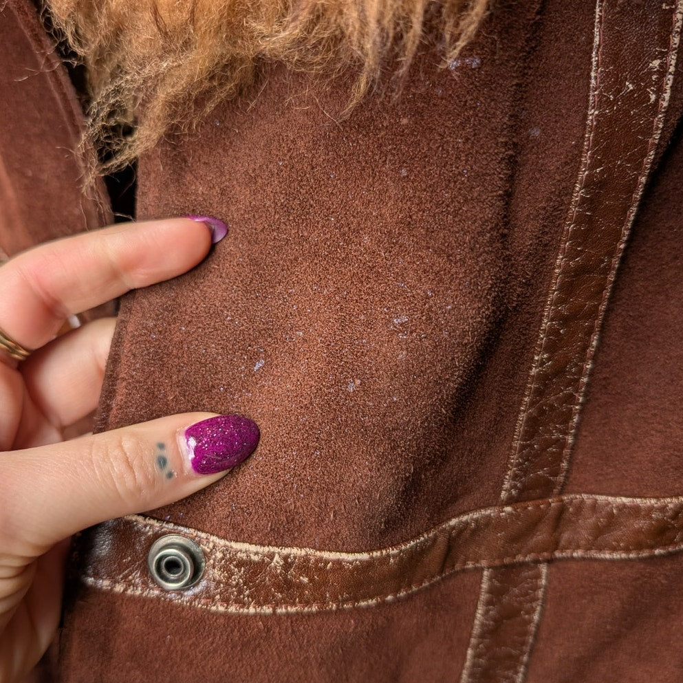 Vintage Brown Suede Penny Lane Jacket Groovy Fur Coat 70s Leather Western Medium