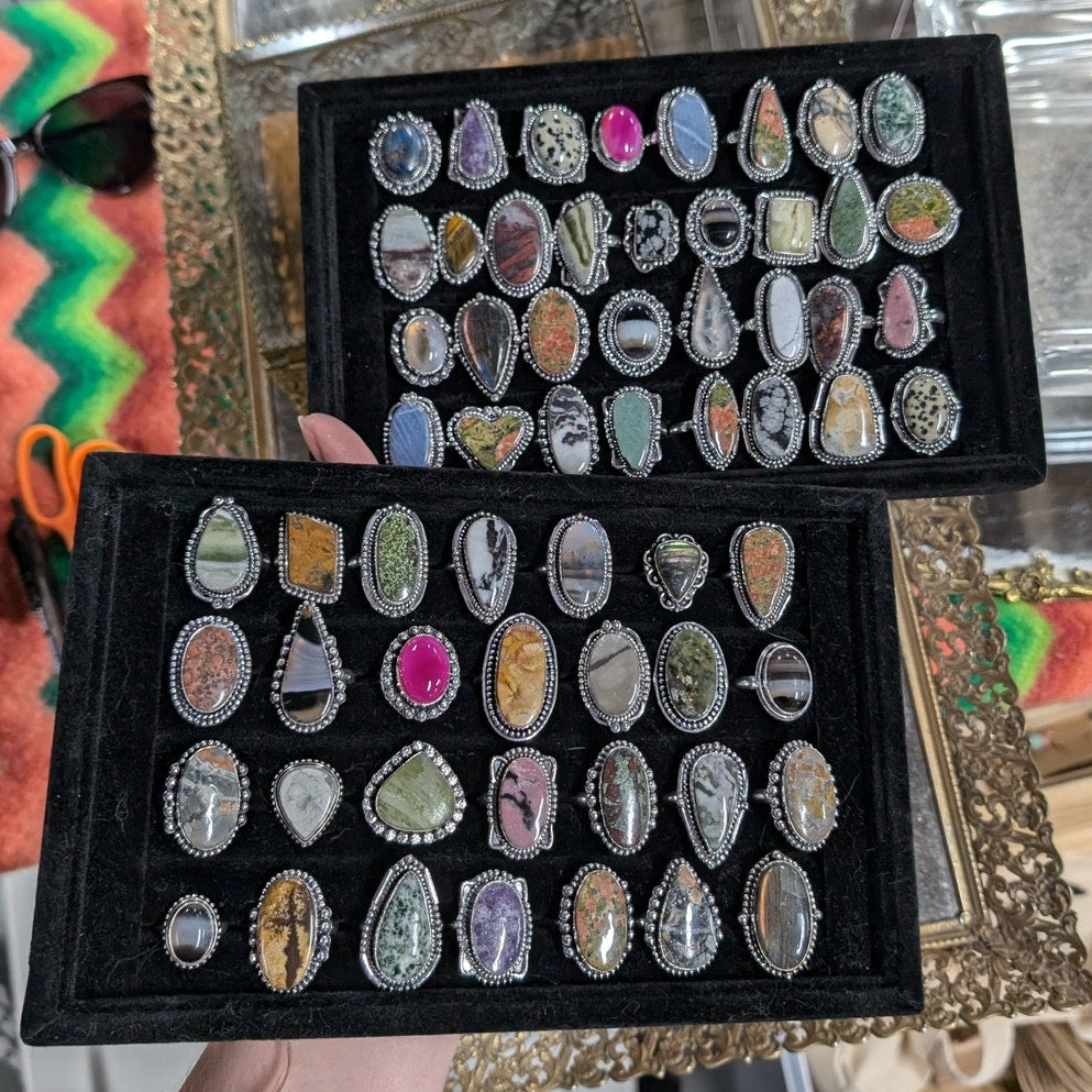 Boho Cowgirl Square Sterling Silver Ring Retro Vintage style Natural Stone Size9