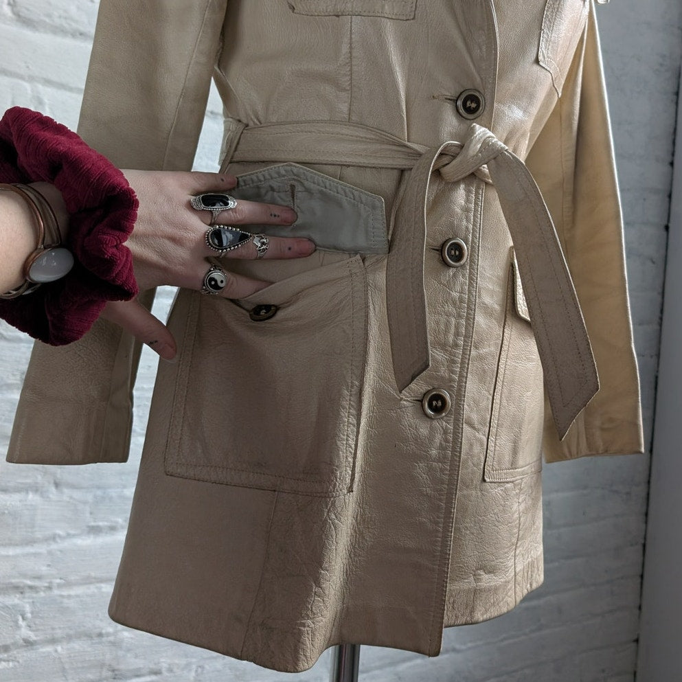 70s Vintage White Genuine Leather Trench Coat Minimalist Boho Moto Biker Jacket