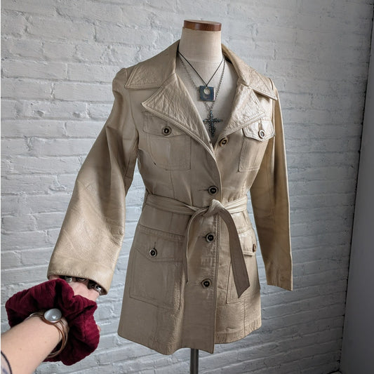 70s Vintage White Genuine Leather Trench Coat Minimalist Boho Moto Biker Jacket