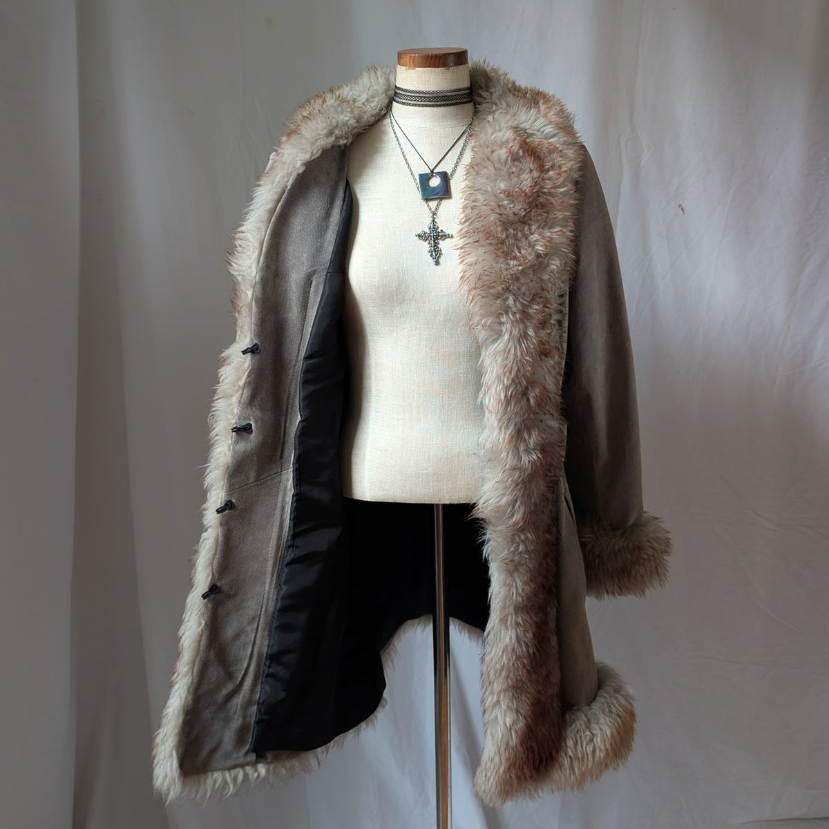 Vintage Suede Penny Lane Fur Trim Jacket M Tan Shearling 70s Leather Trench Coat