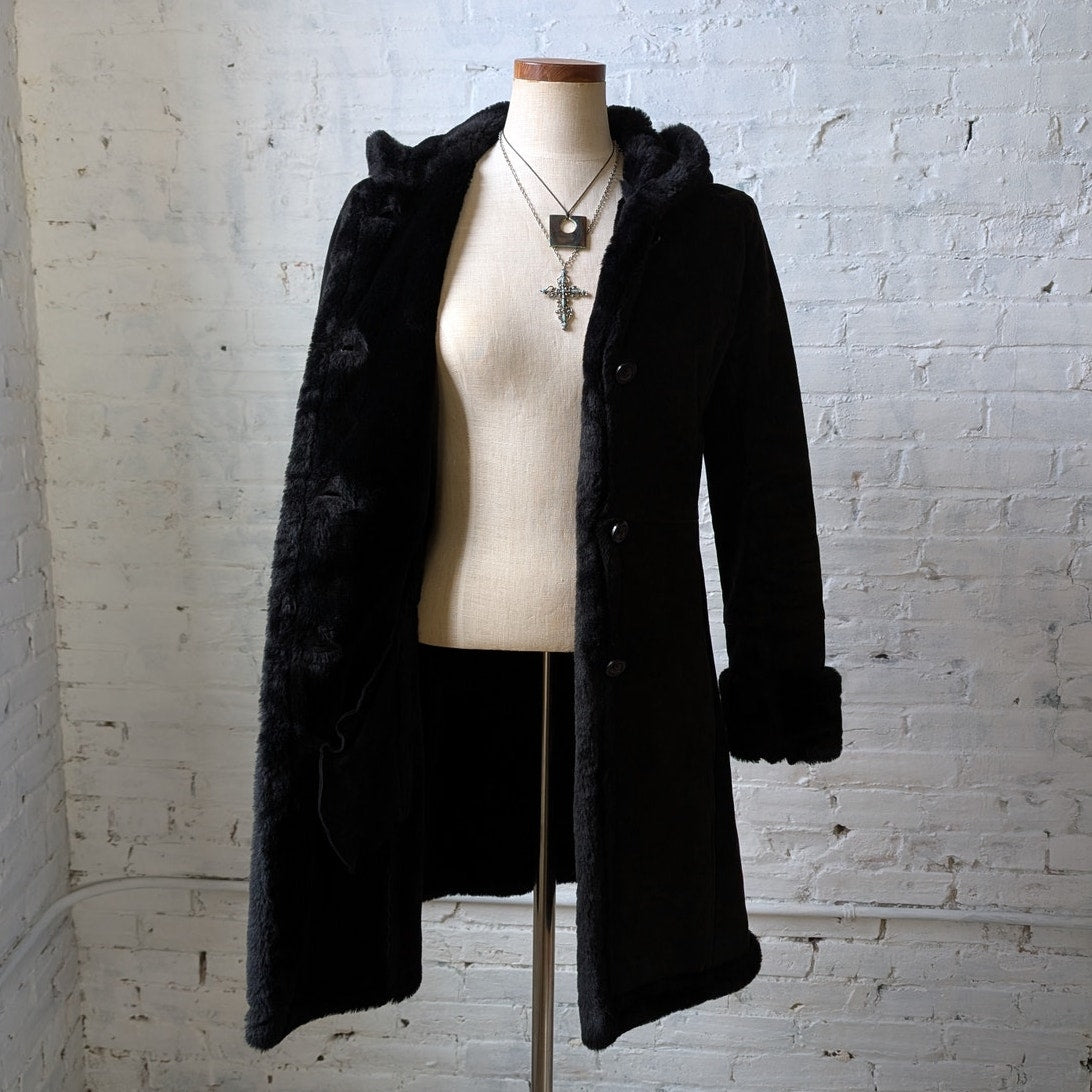 Vintage Black Suede Leather Penny Lane Coat Faux Fur Trench Minimalist Jacket