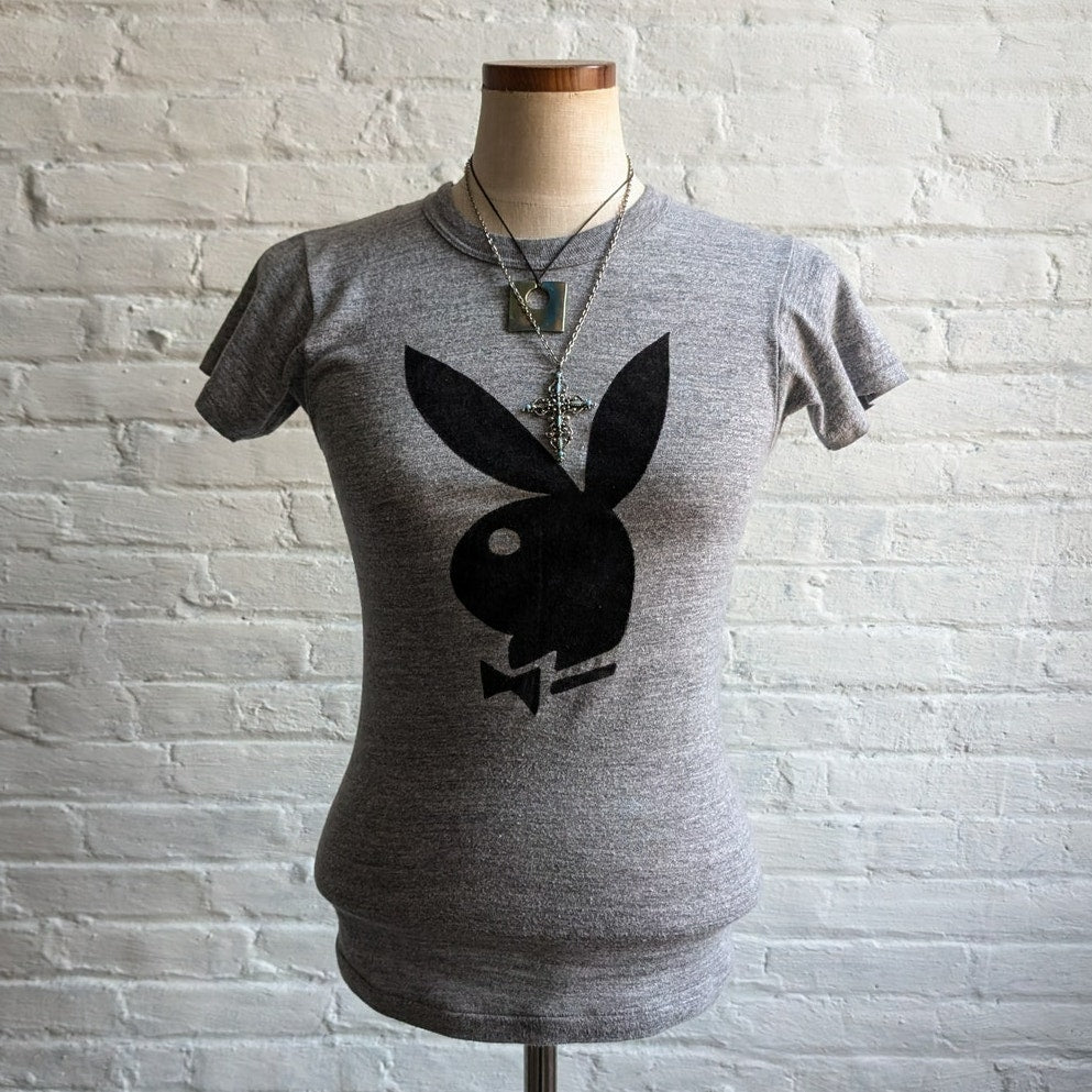 Vintage Velvet Playboy Tee Burnout Graphic Tee 70s Playboy Bunny Grey Top Small