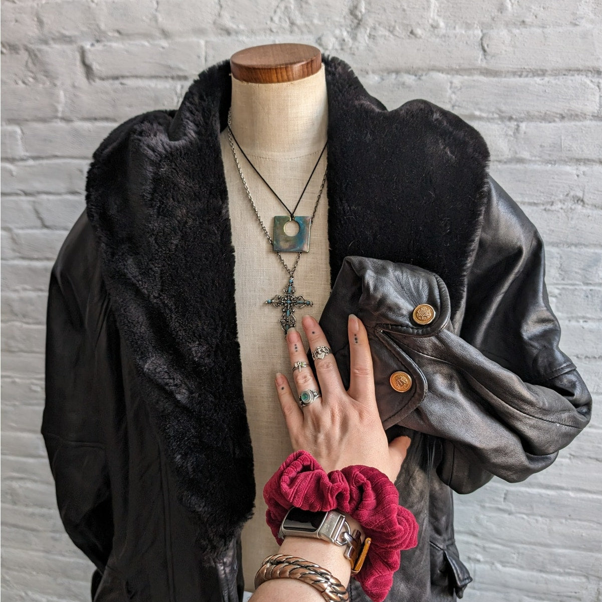 Vintage Black Genuine Leather Biker Jacket Hooded Faux Fur Grunge Duster Coat