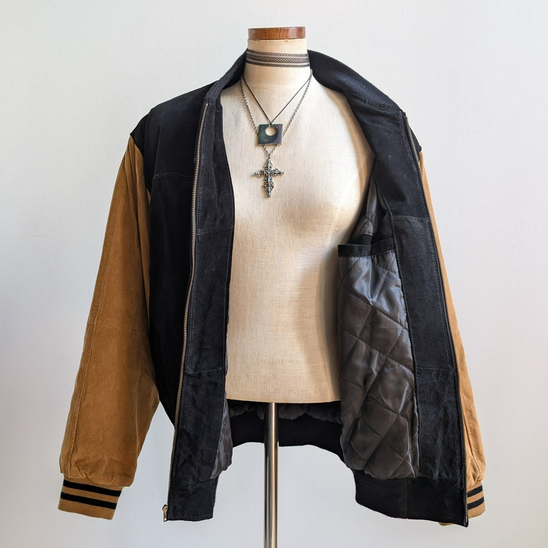 Vintage Black Leather Bomber Jacket Brown Suede Jacket Y2K Varsity Preppy Large