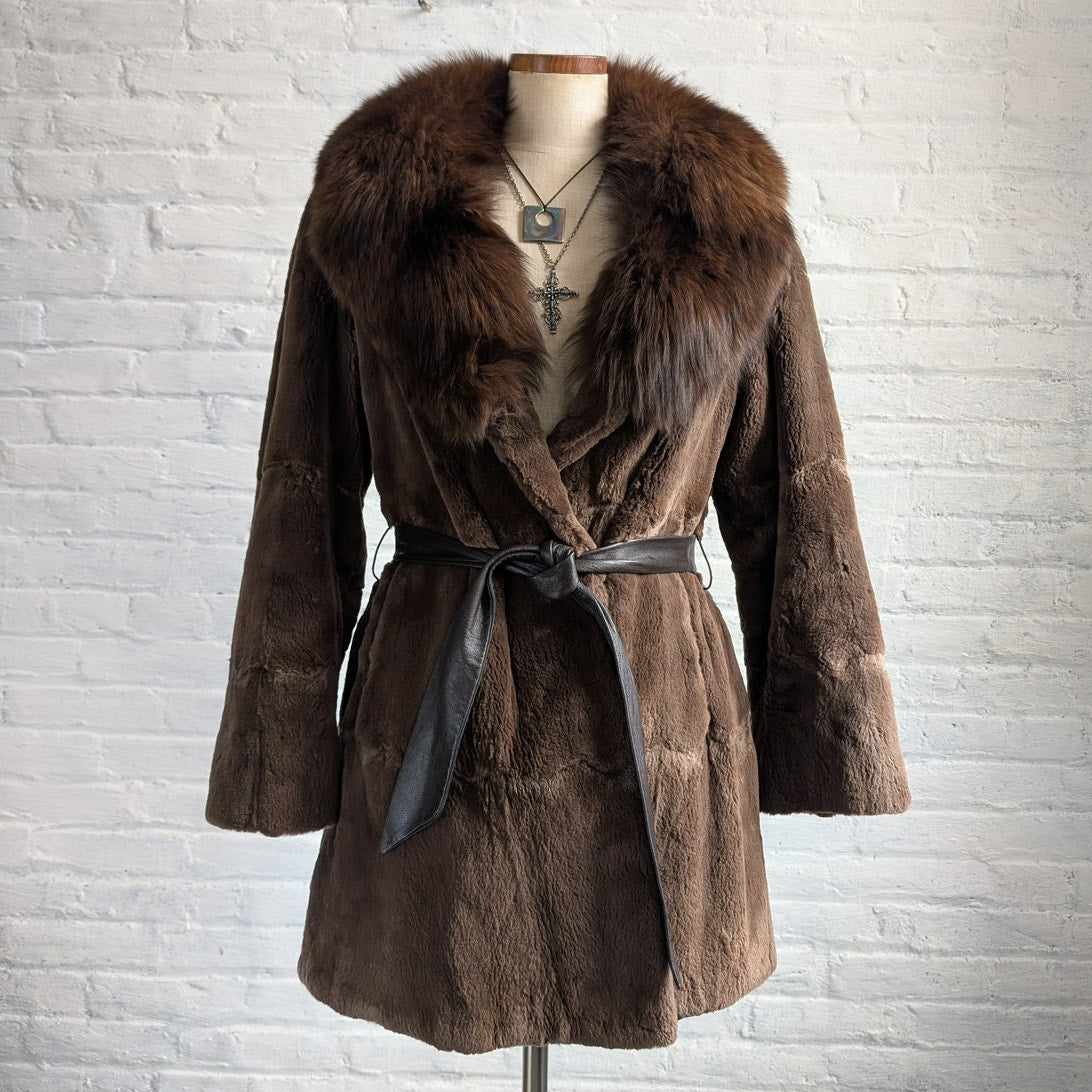 Vintage Brown Fox Fur Penny Lane Coat Mob Wife Leather Belted Furry Trench Coat