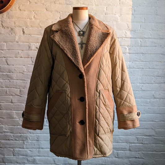 Brown Faux Fur Coat Teddy Jacket Quilted Puffer Coat Designer Reversible Medium