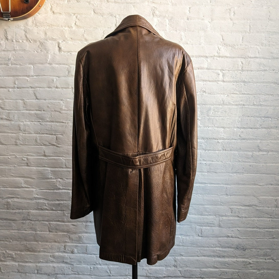 Vintage Brown Leather Jacket Western Trench Coat Earthy Cowboy Minimalist Coat L