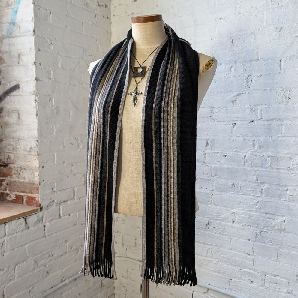 Vintage Blue Knit Wool Striped Scarf Preppy Retro Minimalist Knit Fringe Wrap