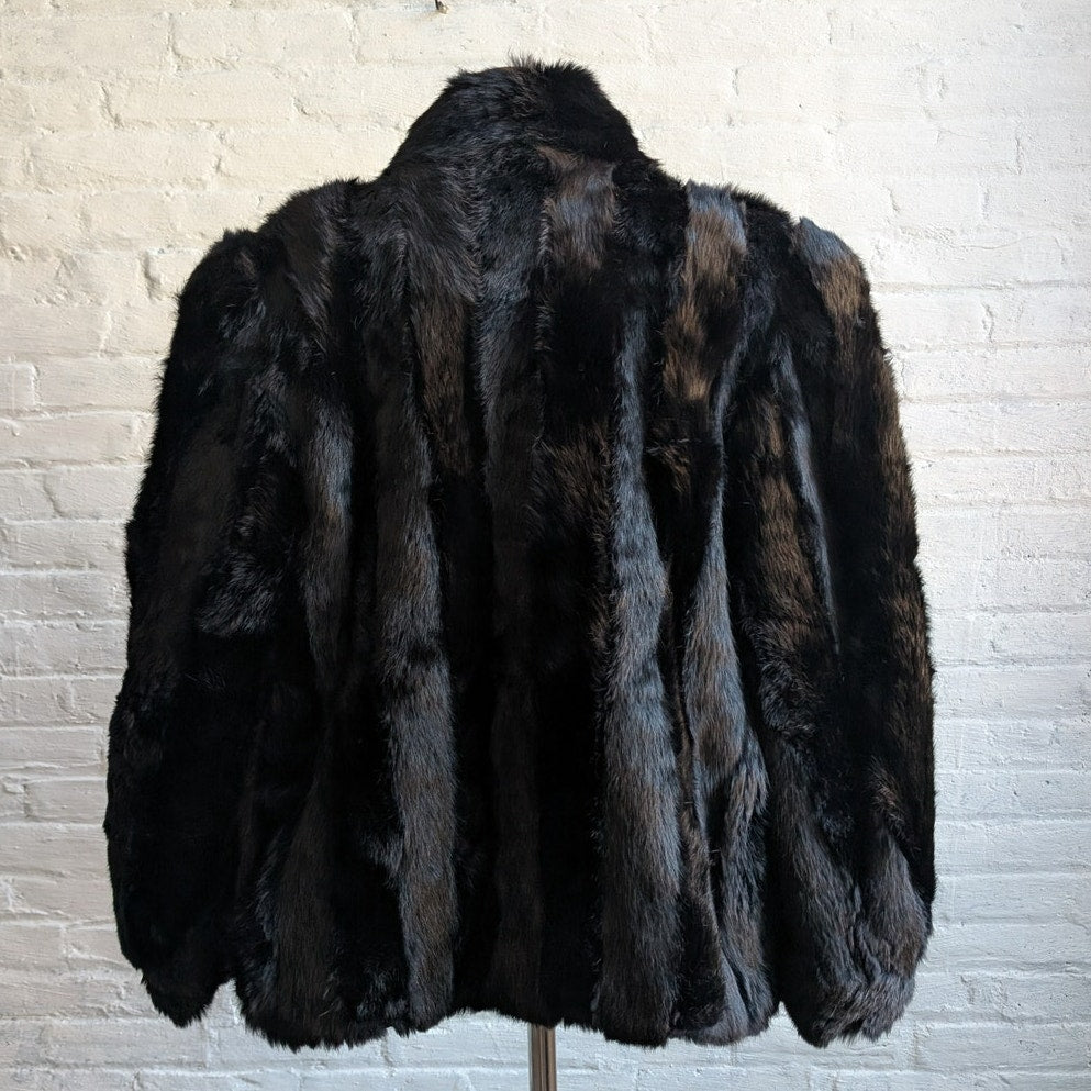 Vintage Jet Black Genuine Rabbit Fur Coat Minimalist Furry Fuzzy Bomber Jacket
