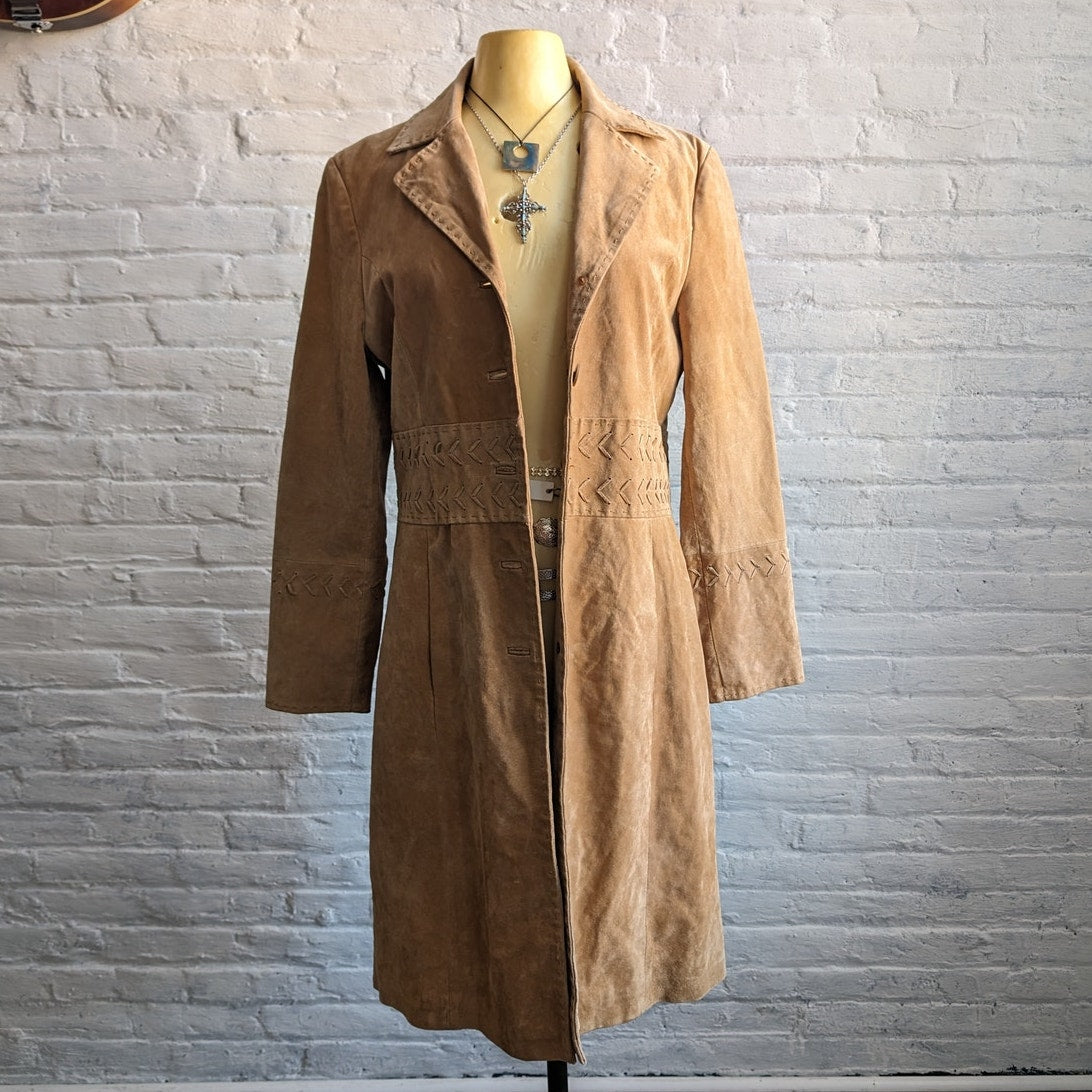 Y2K Tan Leather Trench Coat Neutral Suede Jacket Penny Lane Western Boho Large