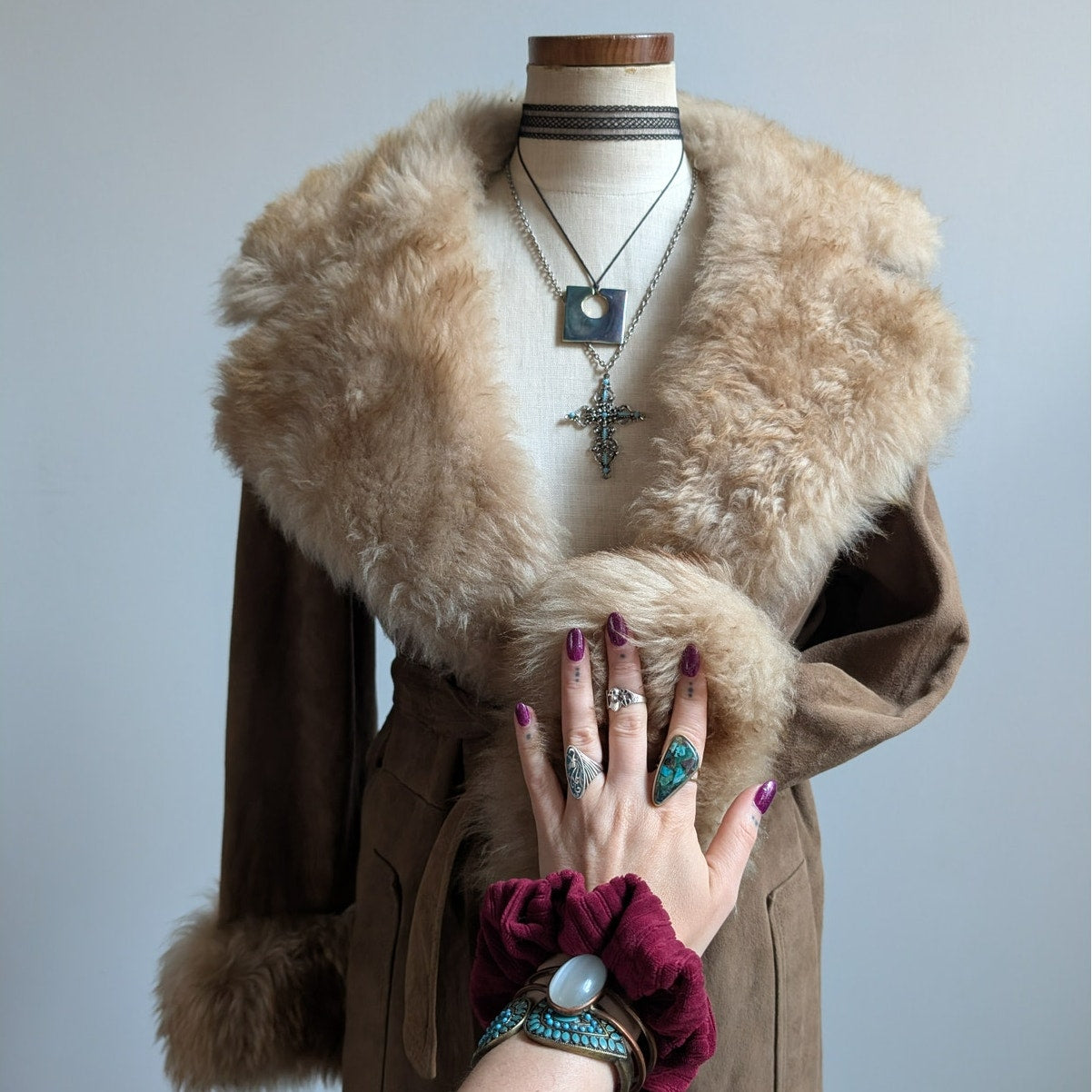 Vintage Brown Leather Penny Lane Coat Tan Suede Fur 70s Afghan Jacket Medium