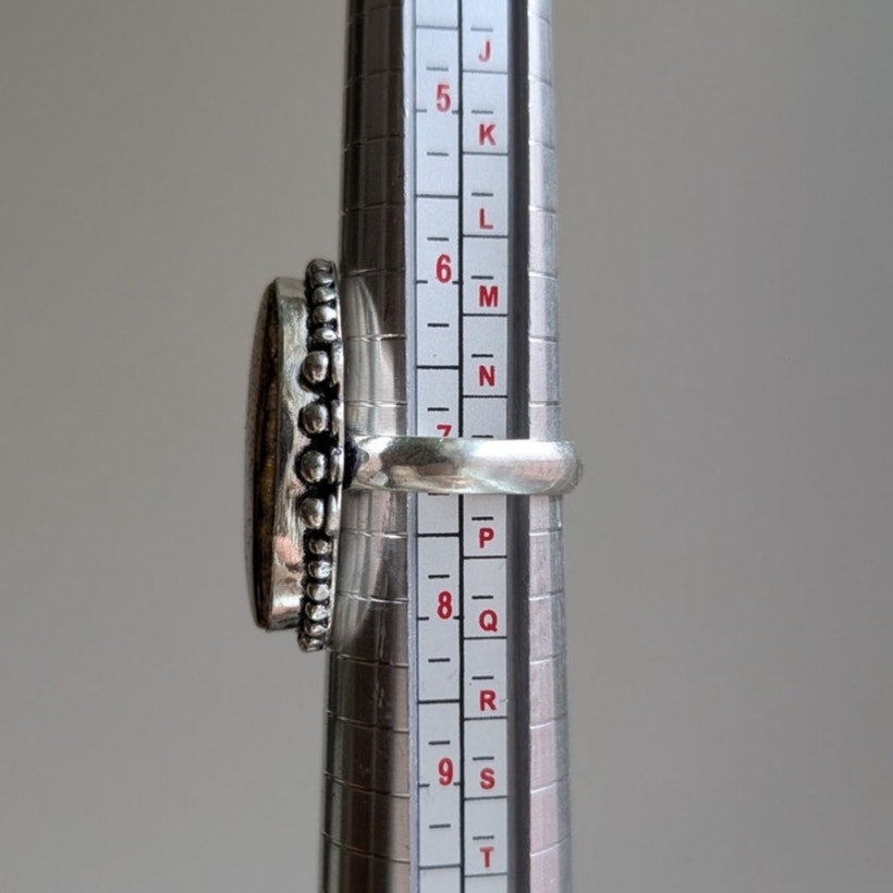 Oval Brown Yellow Sterling Silver Ring Retro Vintage Boho Natural Stone Size 7